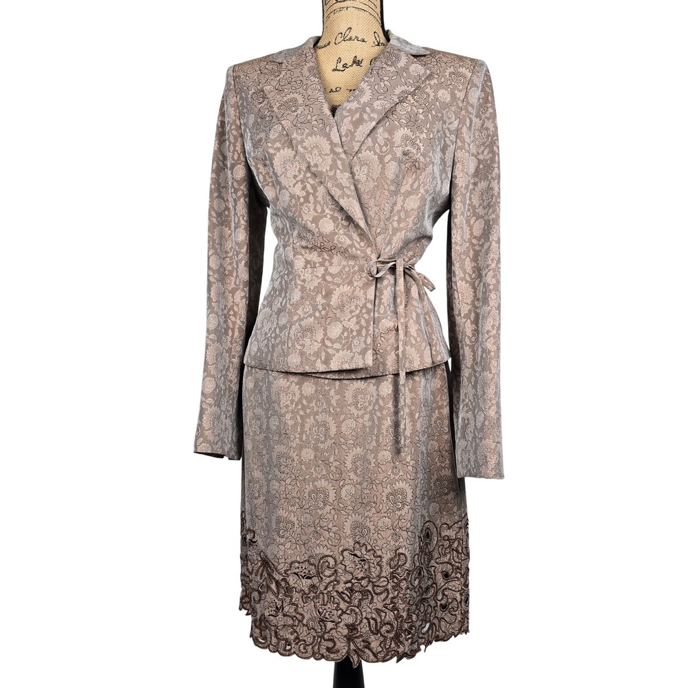 Vintage Kay Unger New York Metallic Bronze Floral Brocade Skirt Suit Set Size 10